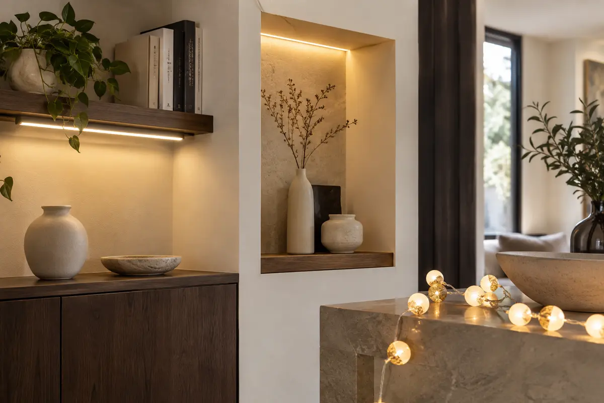 Ruban lumineux et réglette LED dans un intérieur aux matières naturelles