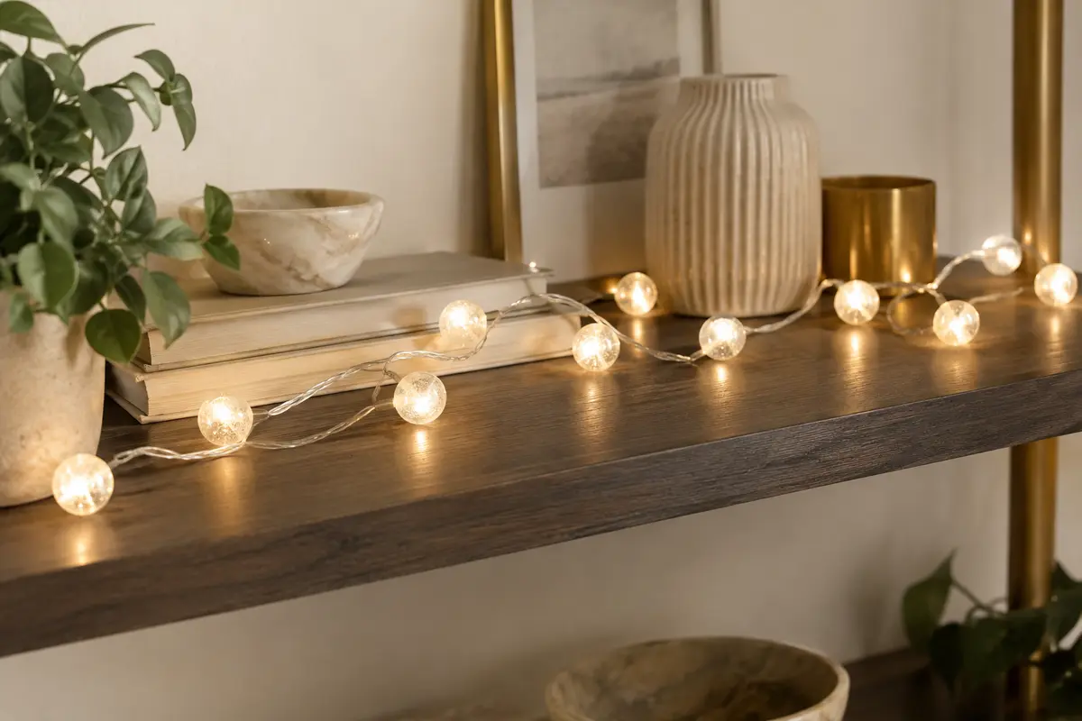 Guirlande lumineuse décorative disposée sur une étagère intérieure