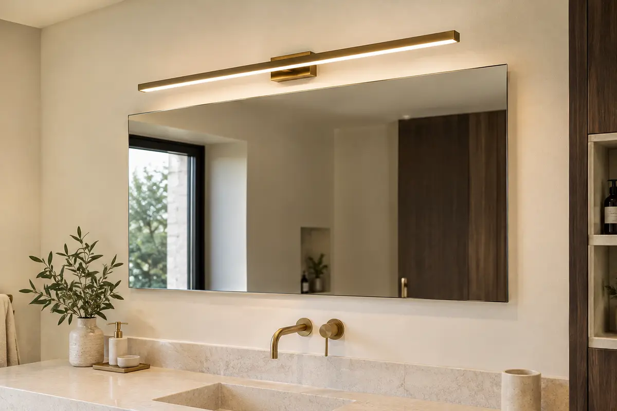 Barre lumineuse installée au-dessus d’un miroir de salle de bain