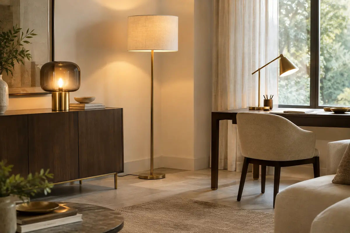 Lampe de table et lampadaire dans un intérieur aux tons doux