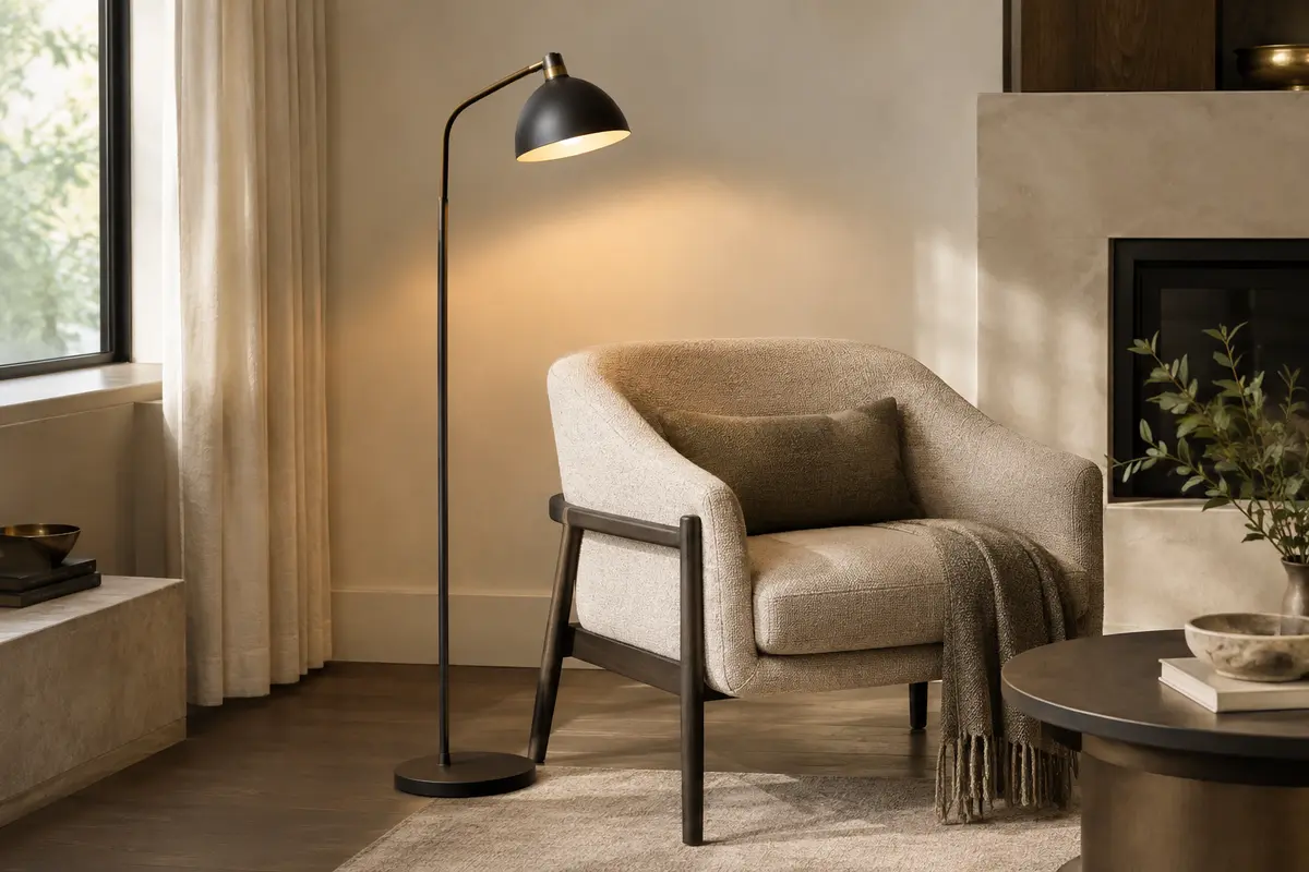 Lampadaire près d’un fauteuil dans un coin salon chaleureux