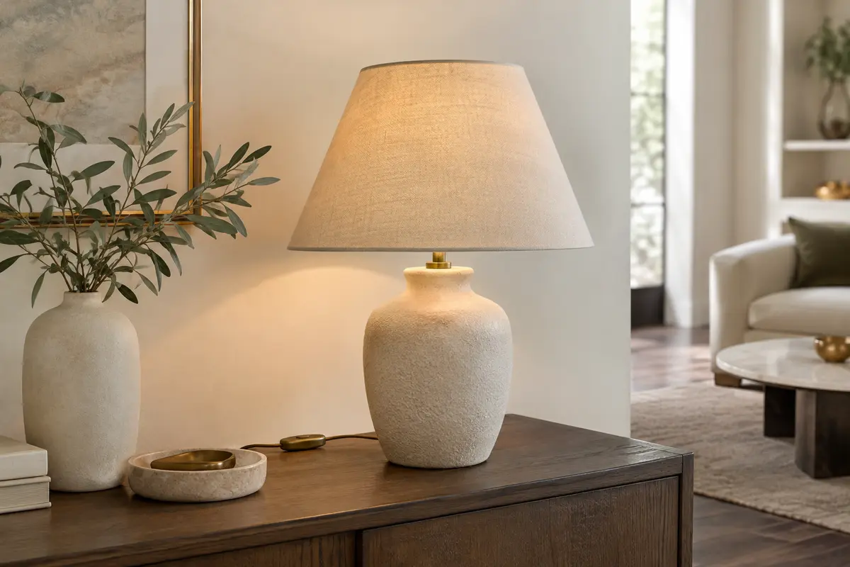 Lampe décorative à poser sur une console en bois clair