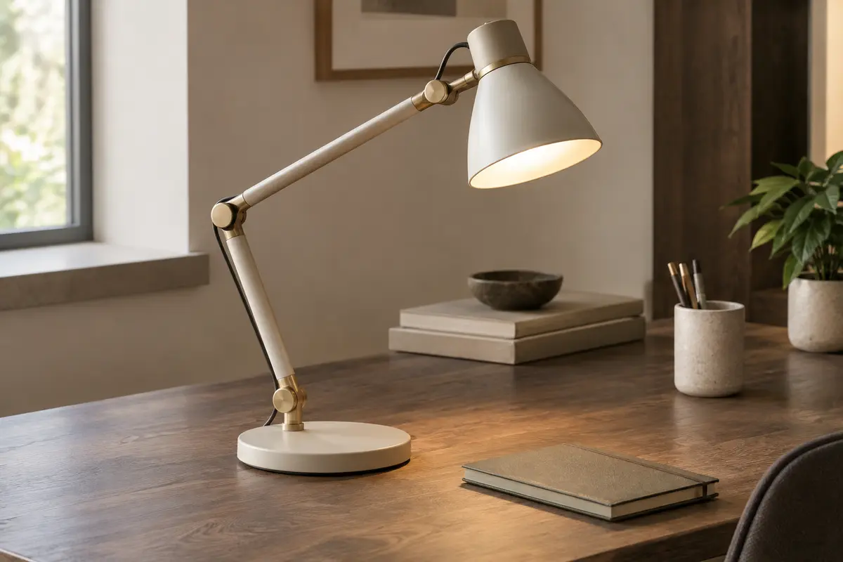 Lampe de bureau articulée sur un plan de travail en bois