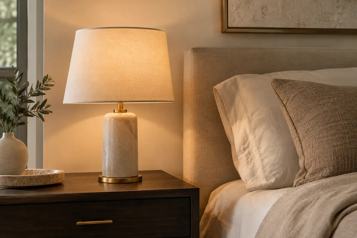 Lampe de chevet posée sur une table de nuit près d’un lit