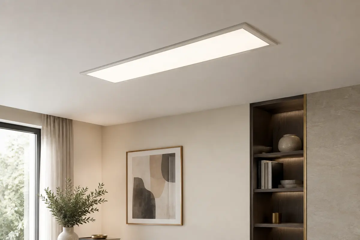 Dalle LED rectangulaire intégrée dans un plafond intérieur clair