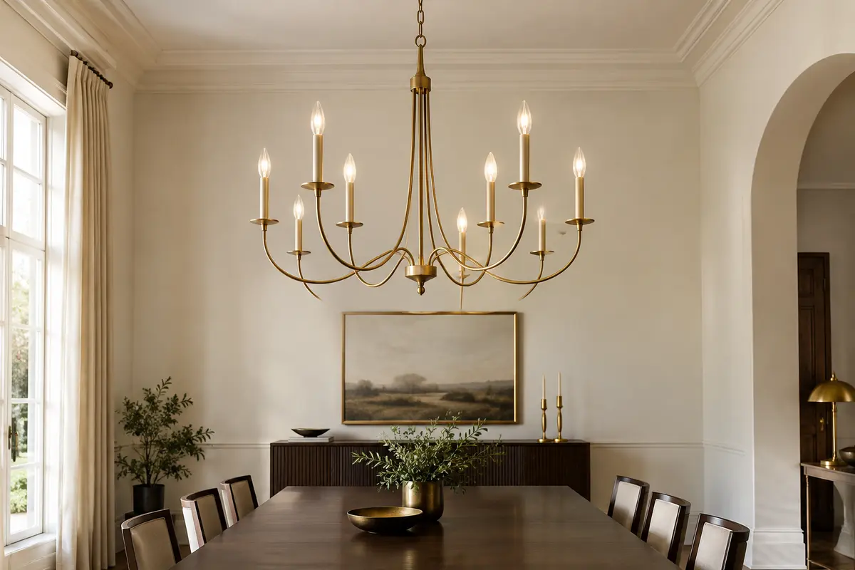 Lustre à plusieurs branches installé dans une pièce aux murs ivoire