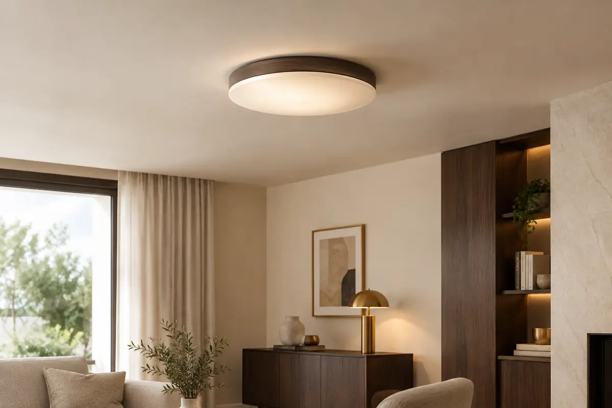 Plafonnier rond fixé près du plafond dans une pièce claire