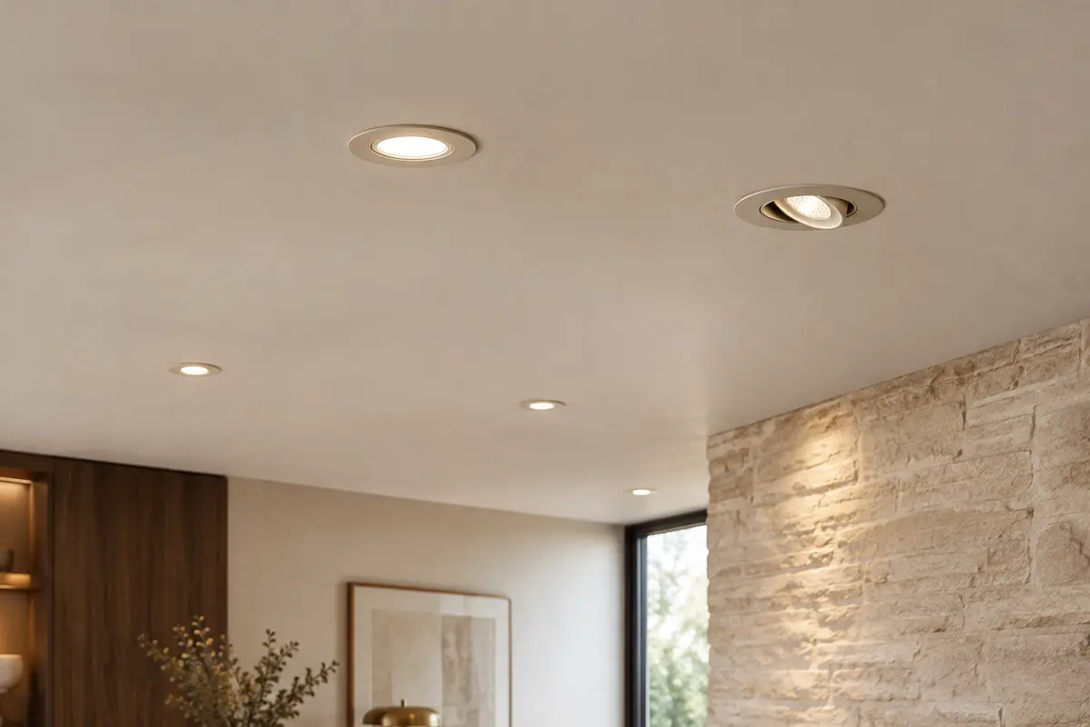 Spots encastrables intégrés dans un plafond clair de pièce intérieure
