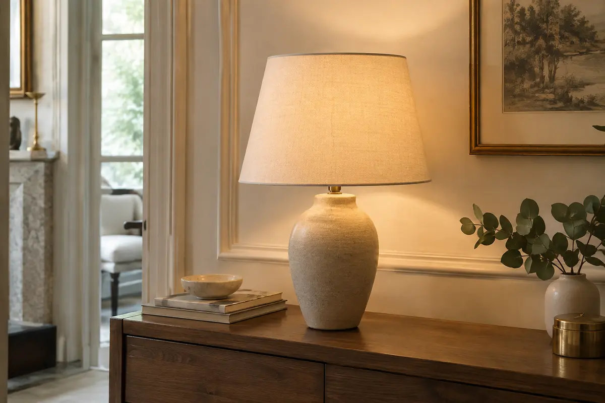 Lampe à poser allumée avec abat-jour en tissu clair diffusant une lumière douce sur une console en bois