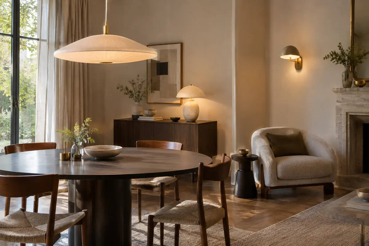 Salon associant suspension, lampe à poser et applique dans une palette de matières et de lumière cohérente