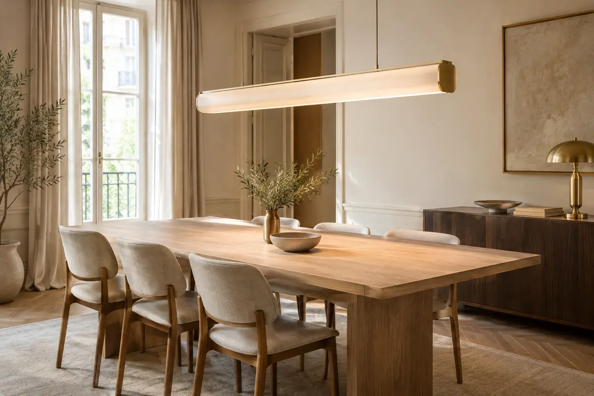 Suspension allongée au-dessus d’une table à manger rectangulaire, avec des chaises disposées autour