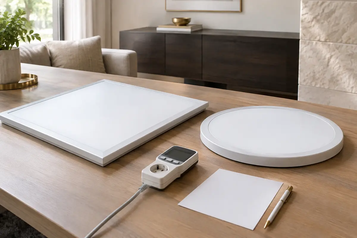 Deux luminaires LED comparés sur une table, avec leurs diffuseurs et finitions visibles