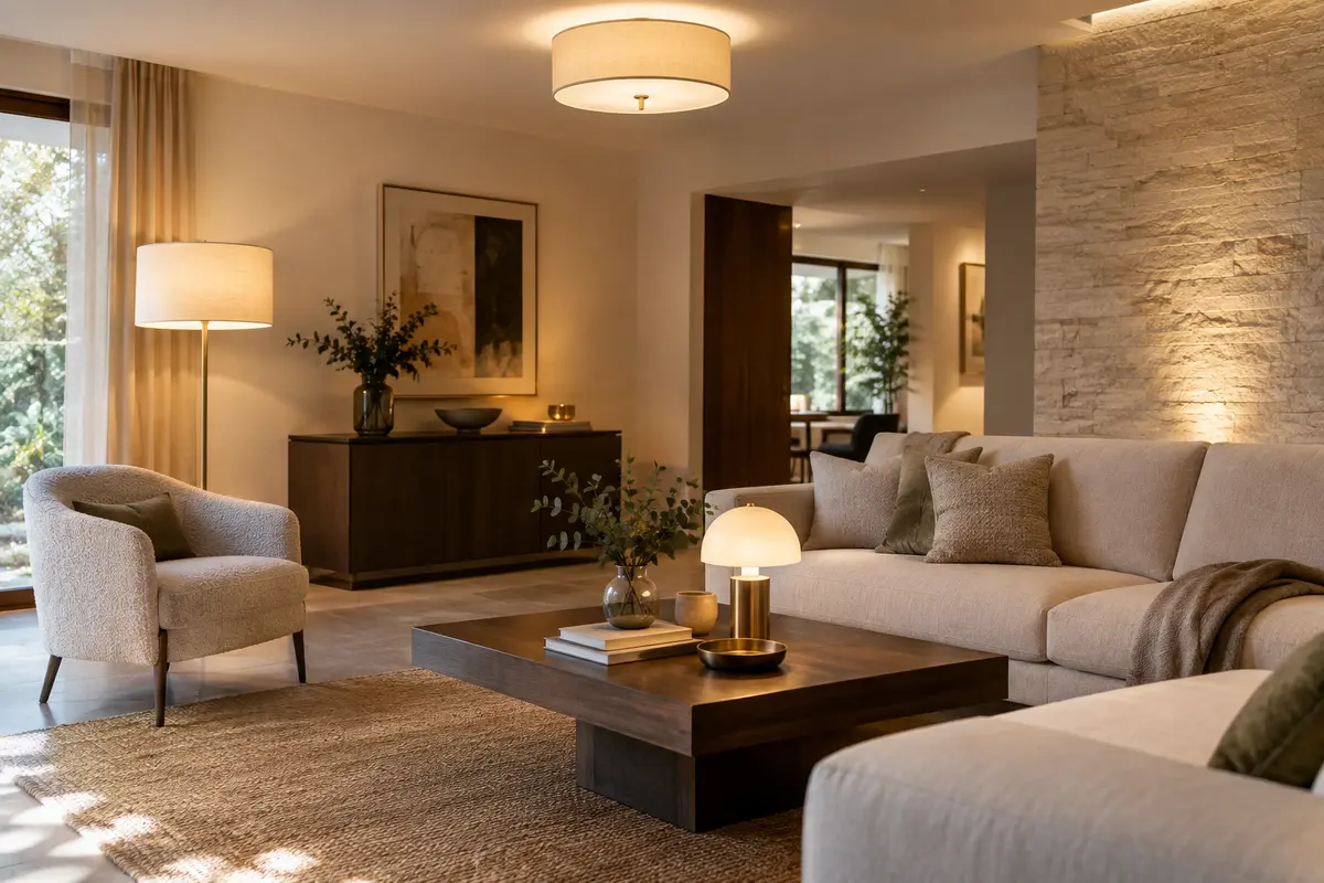 Salon éclairé par un plafonnier, un lampadaire près d’un fauteuil et une lampe à poser.