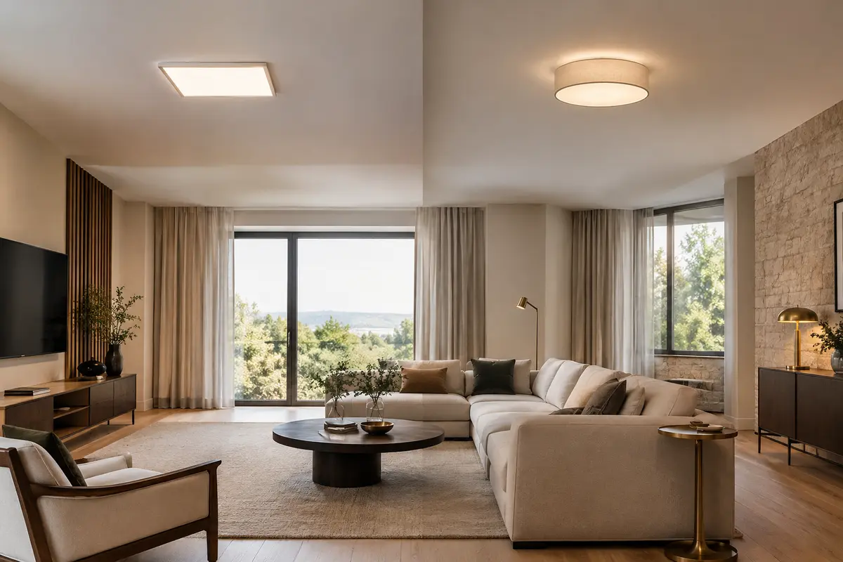 Comparaison d’une dalle LED plate et d’un plafonnier classique dans un salon lumineux