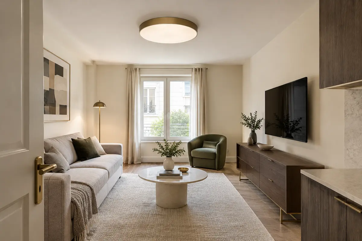 Plafonnier rond et plat dans une petite pièce claire, montré à une échelle équilibrée par rapport au plafond.