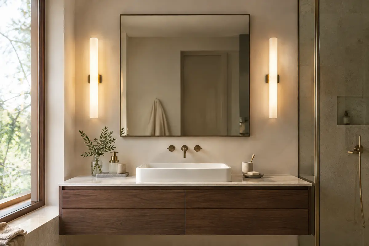 Miroir de salle de bains encadré de deux luminaires latéraux à lumière diffuse au-dessus d’un lavabo