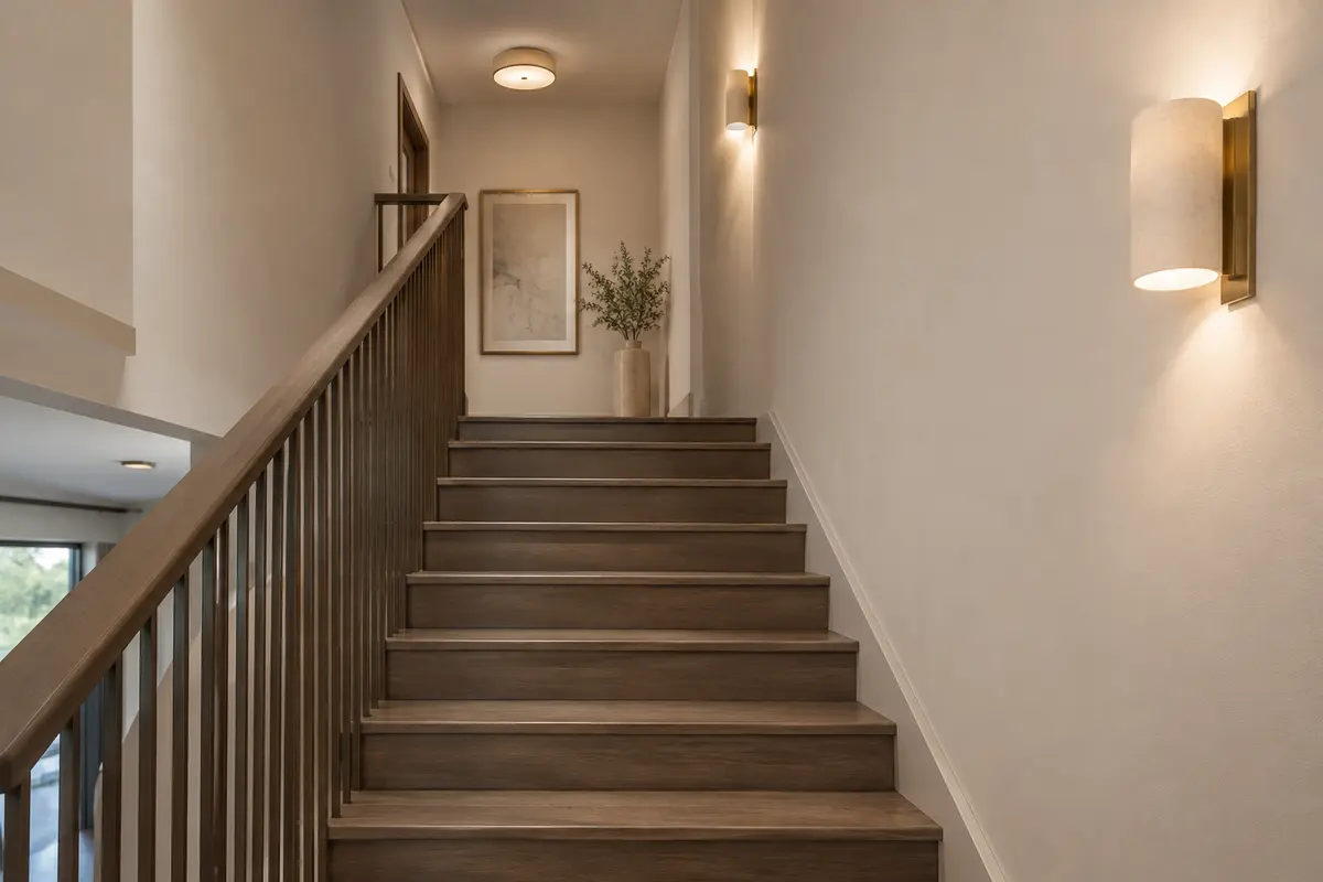Escalier intérieur éclairé par un plafonnier et des appliques murales, avec marches et palier bien visibles