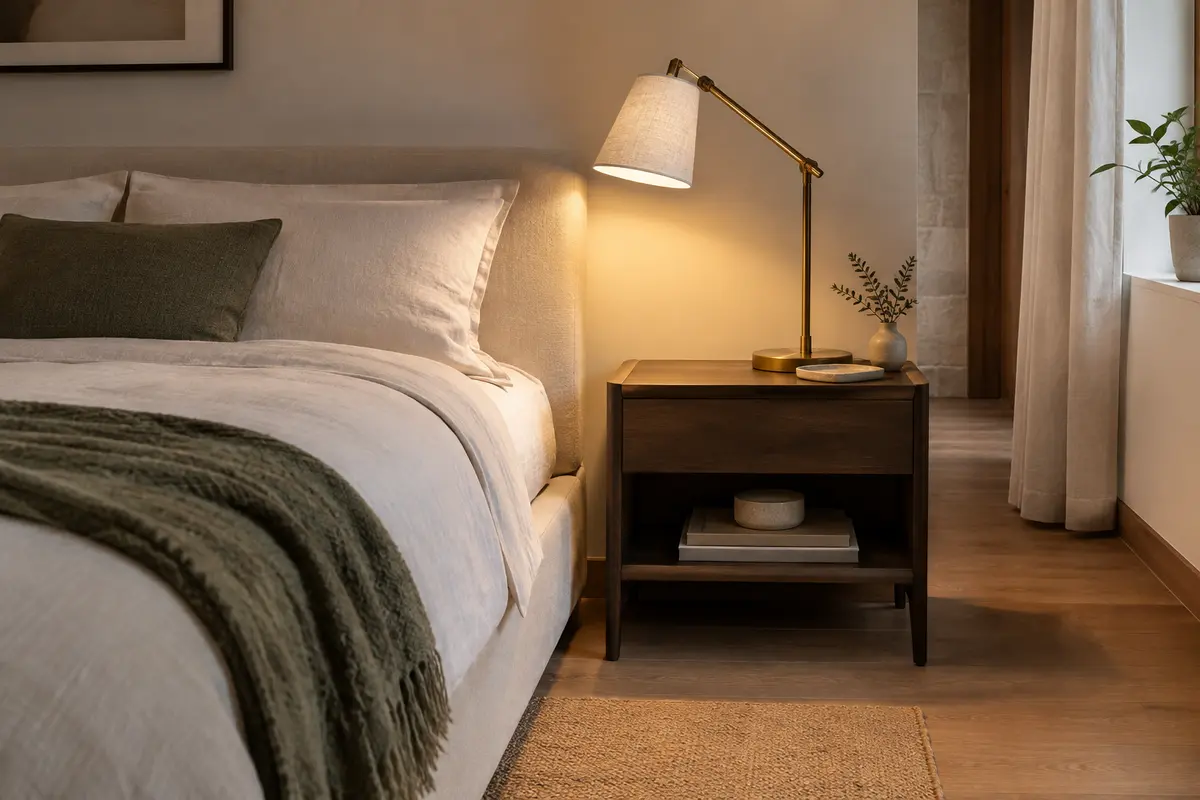 Lampe de chevet orientable près du lit, avec une table dégagée et un passage libre autour du couchage
