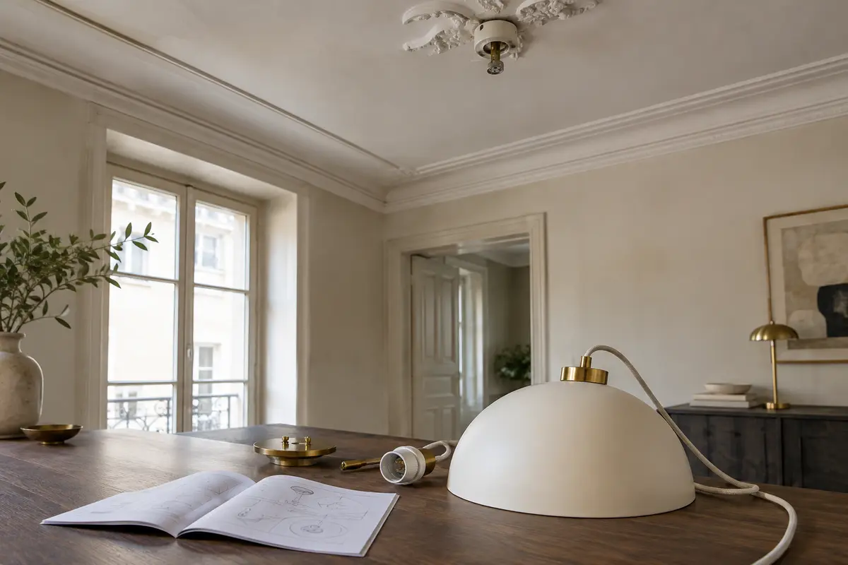 Plafond ancien avec point lumineux à examiner et notice d’un luminaire posée à proximité