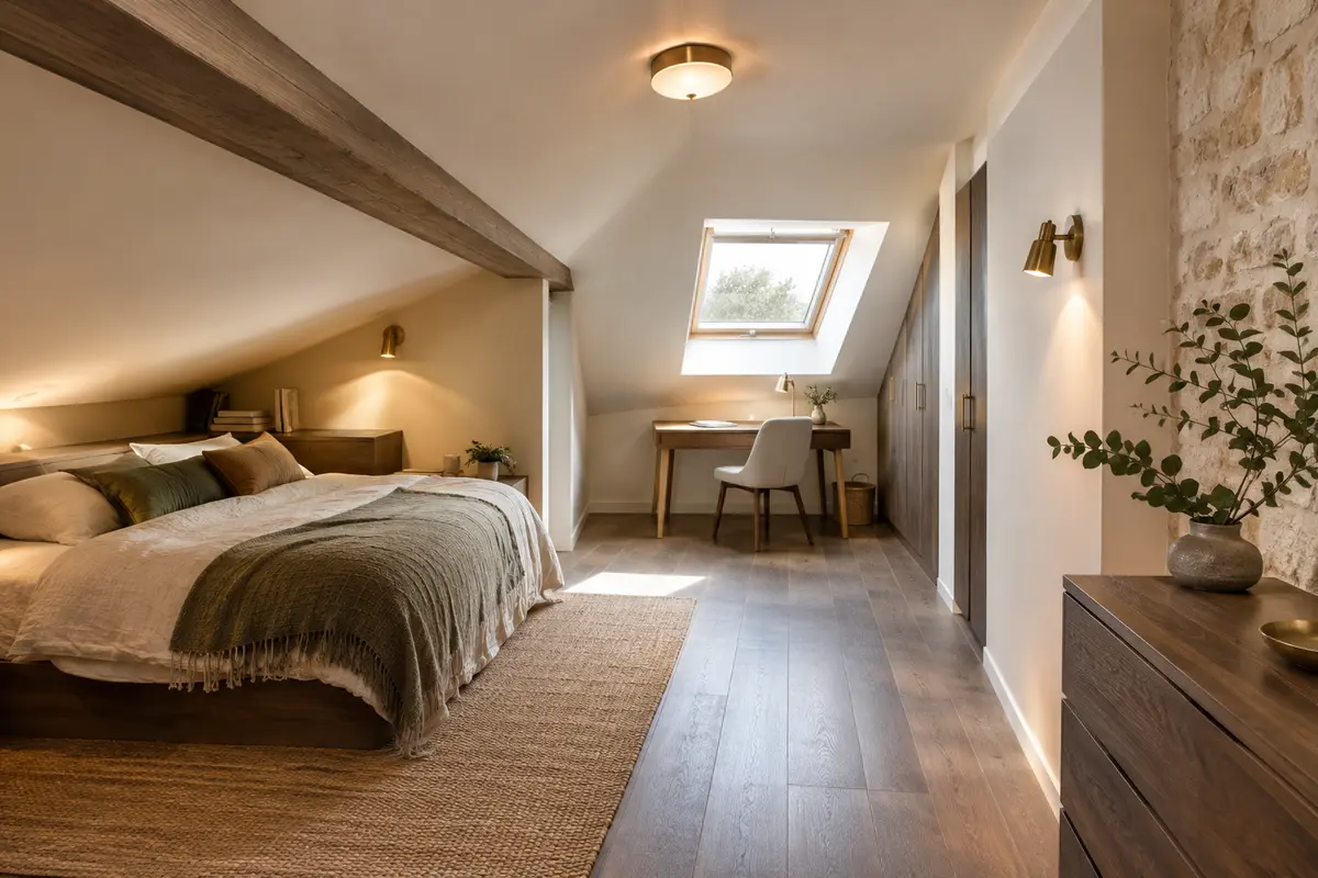 Chambre mansardée avec plafonnier compact, appliques murales et passage dégagé sous le rampant