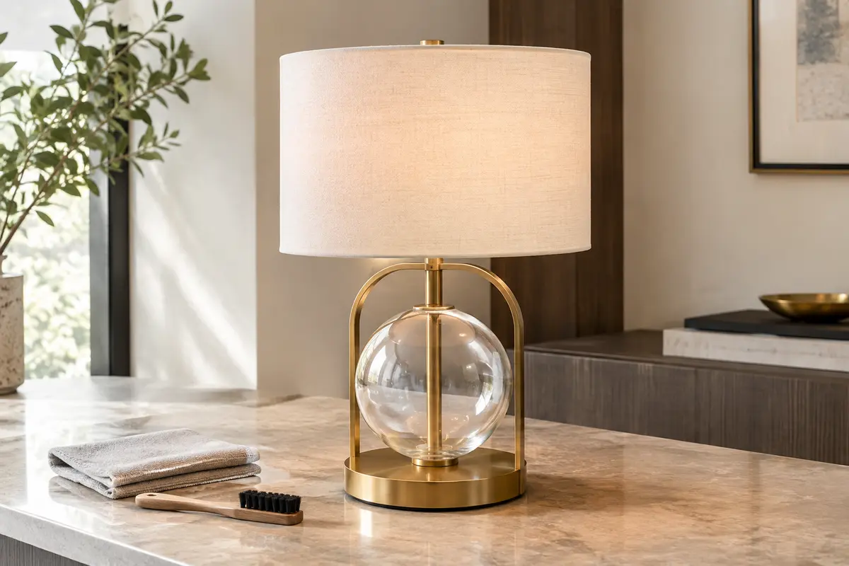 Luminaire en tissu, métal et verre accompagné d’un chiffon doux et d’une brosse pour son entretien
