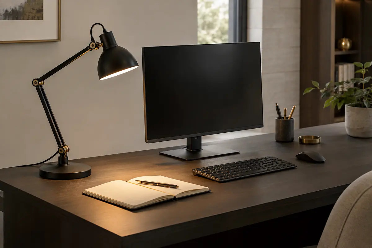 Lampe de bureau articulée éclairant un carnet à côté d’un écran sans reflet visible