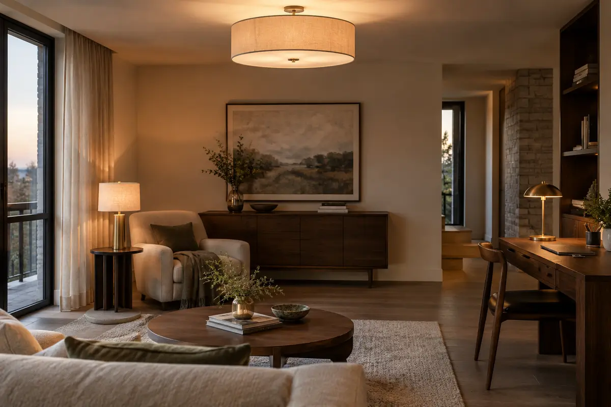 Pièce de vie éclairée par un plafonnier, une lampe à poser et une lampe de bureau aux tonalités harmonisées