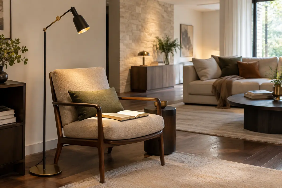 Lampadaire orientable près d’un fauteuil, éclairant le coin lecture sans gêner le passage du salon