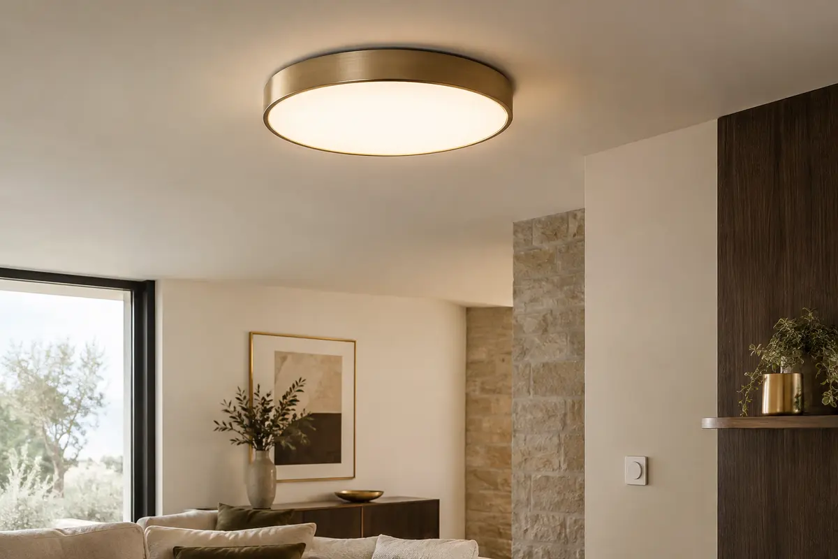 Plafonnier LED diffusant une lumière régulière, avec un variateur mural visible à proximité