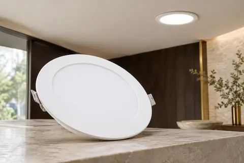 Spot LED encastrable blanc à profil mince, présenté en gros plan et installé dans un plafond ivoire.