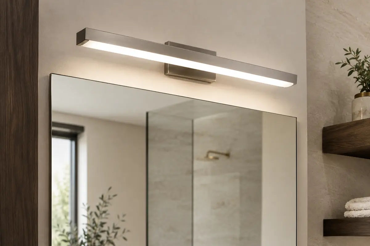 Lampe de miroir LED de 30 cm en acier inoxydable et acrylique, allumée au-dessus d’un miroir de salle de bains.