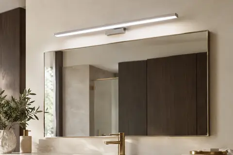 Lampe LED argentée de 40 cm fixée au-dessus d’un miroir dans une salle de bain claire.