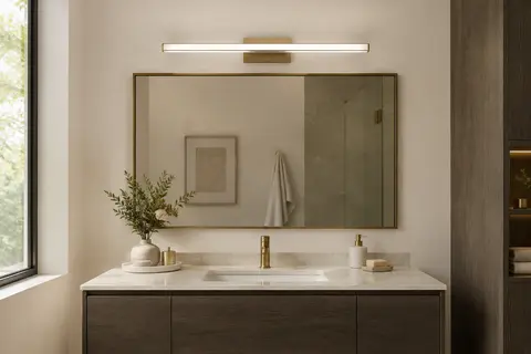 Applique LED métallique de 40 cm allumée au-dessus d’un miroir dans une salle de bain claire.