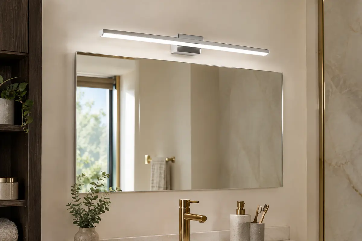 Lampe LED linéaire blanc et argent fixée au-dessus d’un miroir dans une salle de bain claire