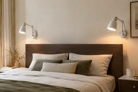 Deux appliques murales blanches en métal orientables éclairent doucement un chevet en bois fumé.