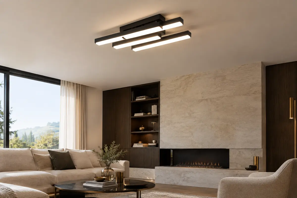 Plafonnier LED noir formé de trois rectangles lumineux décalés, installé dans un salon aux tons ivoire.