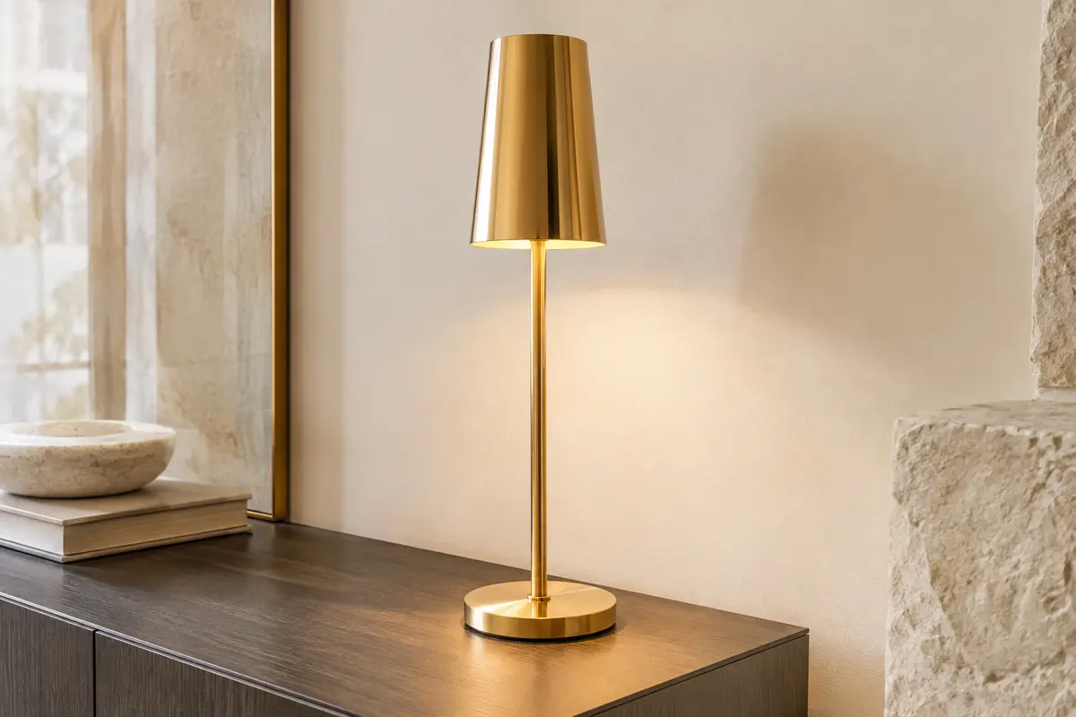 Lampe à poser verticale en métal doré, installée sur une console en bois dans un intérieur lumineux.