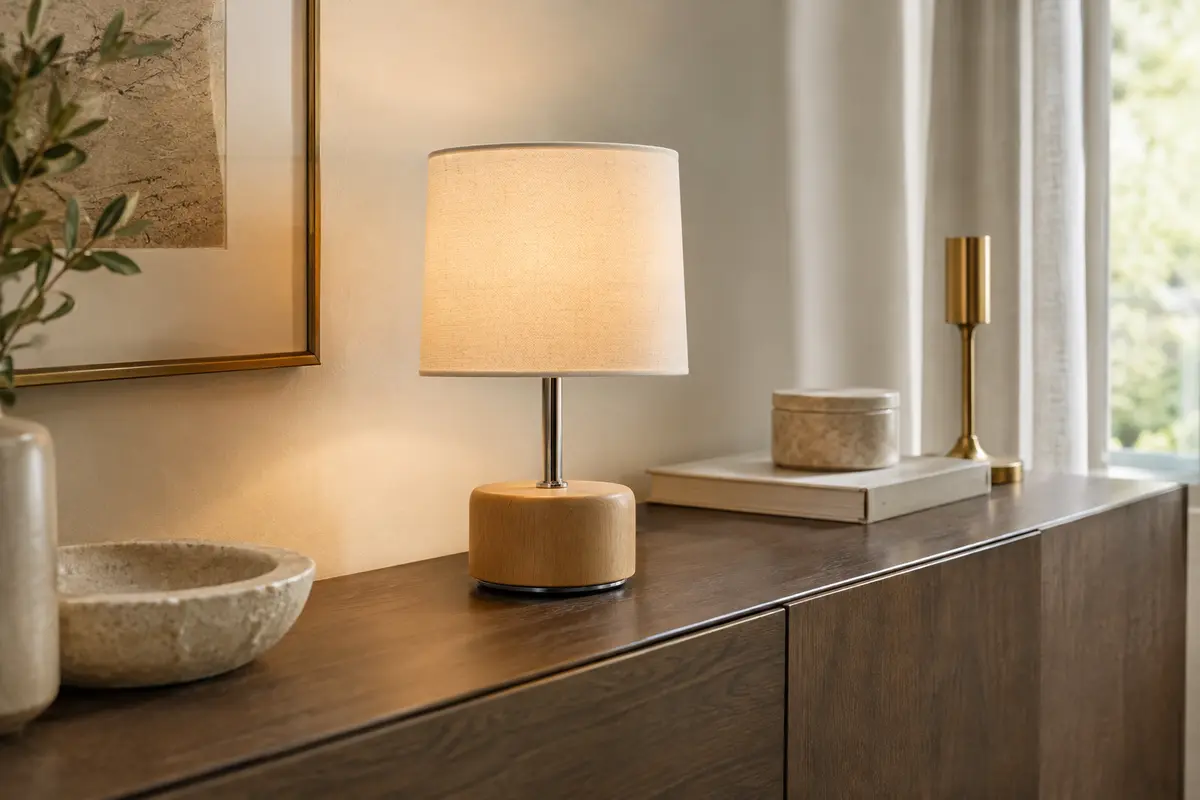 Lampe à poser compacte avec abat-jour ivoire façon lin, base en bois clair et structure métallique chromée