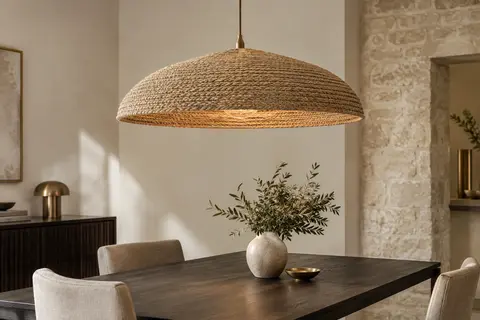 Suspension Alara à large abat-jour en jute tressée au-dessus d’une table en bois