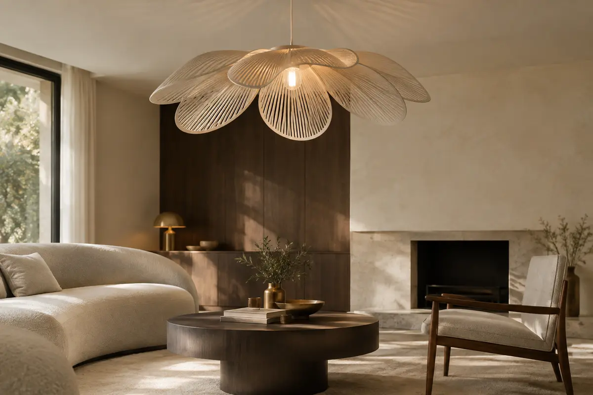 Suspension beige à pétales métalliques installée au plafond dans un intérieur lumineux et épuré.