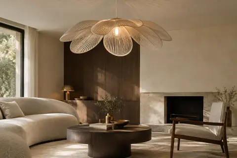 Suspension beige à pétales métalliques installée au plafond dans un intérieur lumineux et épuré.