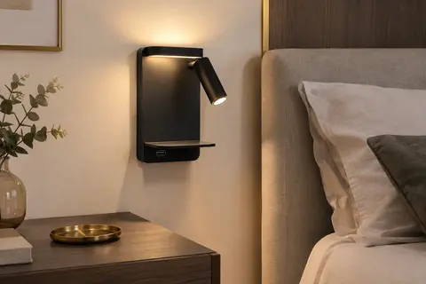 Applique murale noire avec liseuse orientable, plateau pour téléphone et port USB près d’un lit
