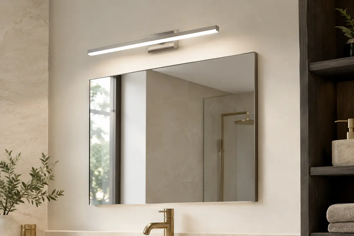 Lampe miroir LED Azhien installée au-dessus d’un miroir de salle de bains, avec une lumière blanche neutre