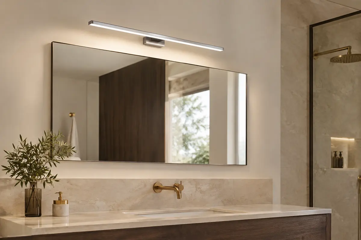 Lampe de miroir LED argentée de 40 cm éclairant un miroir dans une salle de bains.