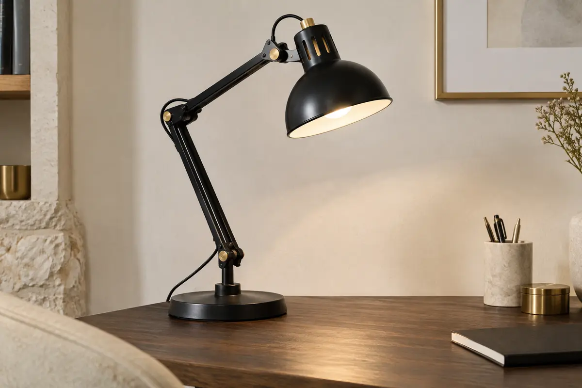 Lampe de bureau rétro en métal noir, avec bras réglable et tête orientable, posée sur un bureau en bois.