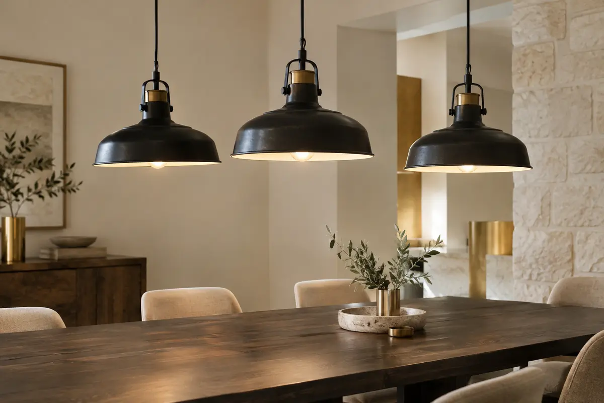 Trois suspensions industrielles en métal noir éclairent une table en bois dans un intérieur calme.
