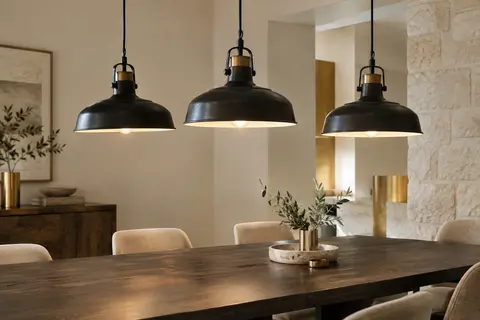 Trois suspensions industrielles en métal noir éclairent une table en bois dans un intérieur calme.