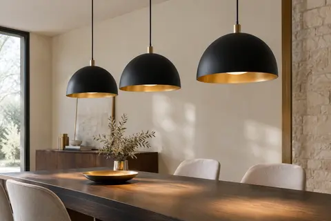 Trois suspensions en métal noir mat à intérieur doré éclairent une table en bois fumé.