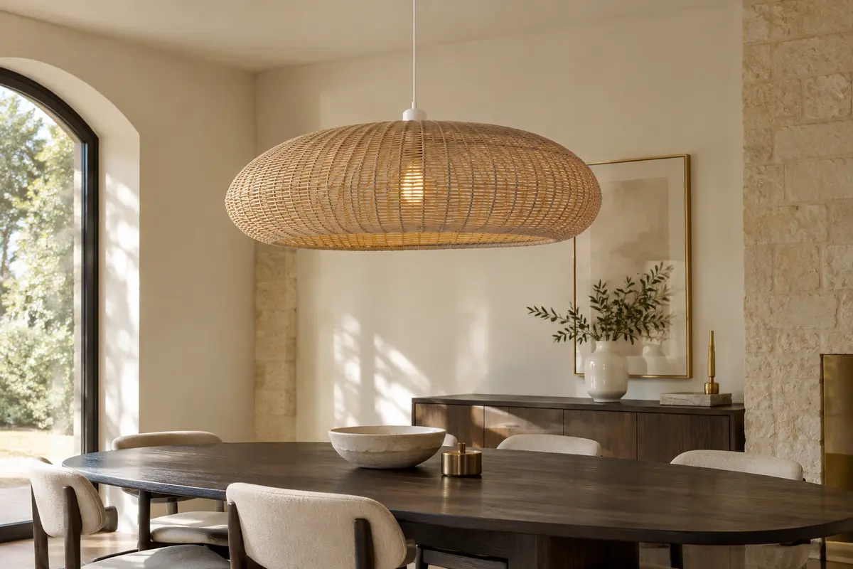 Suspension en rotin tressé avec câble blanc, installée au-dessus d’une table en bois dans une pièce lumineuse.
