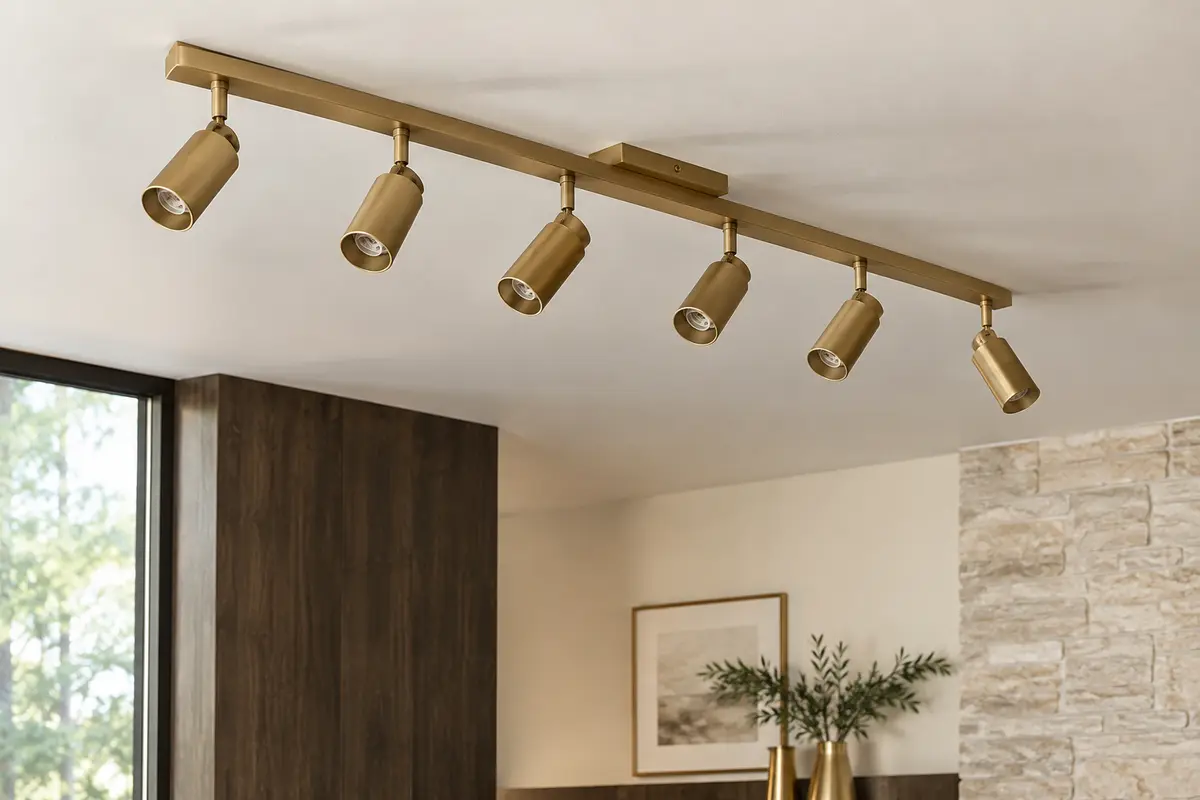 Plafonnier linéaire doré à six spots GU10 orientables fixé au plafond d’un intérieur clair.
